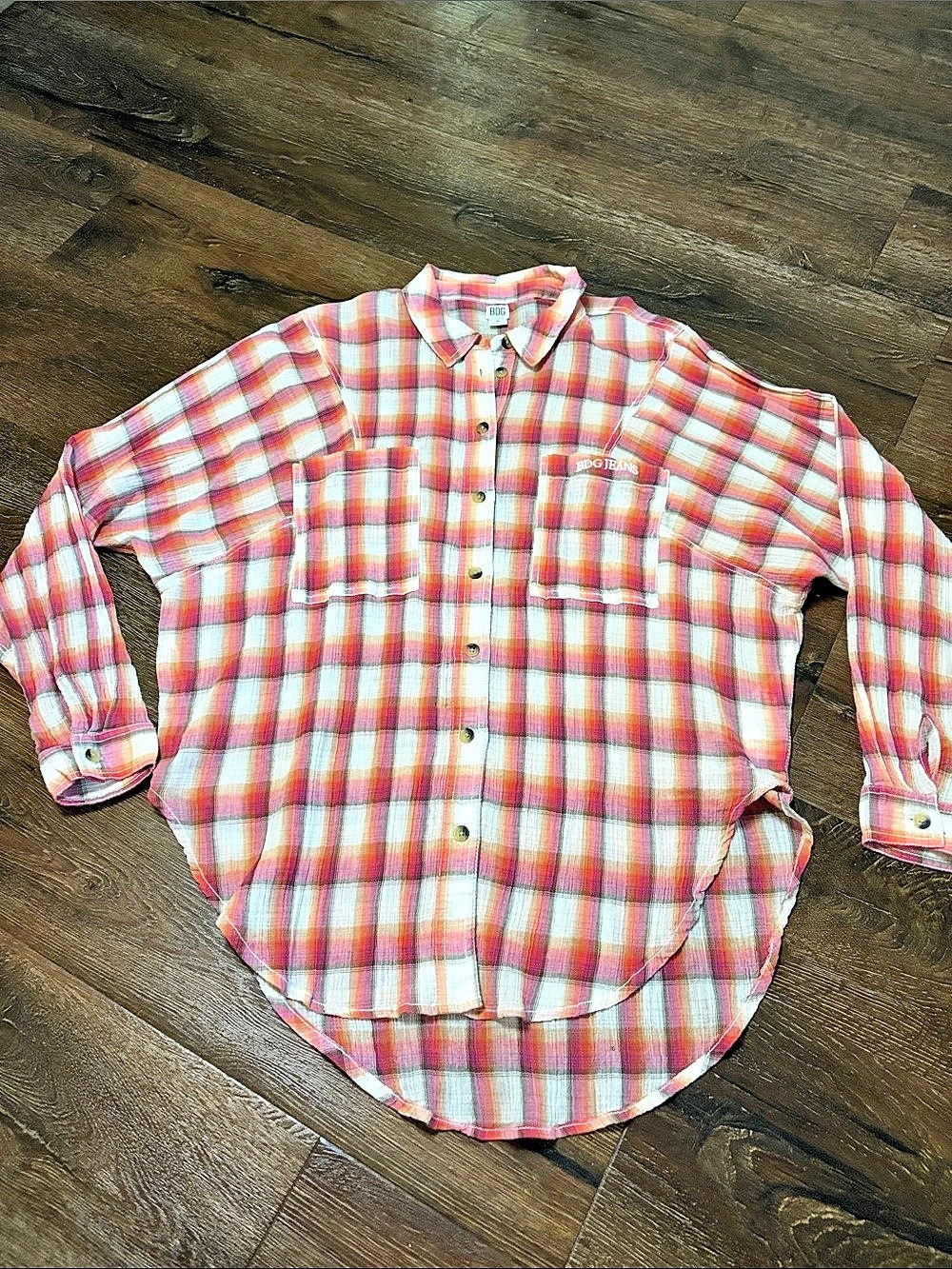 BDG Urban Outfitters Pink Orange Plaid Button-Down Tunic Shirt small
